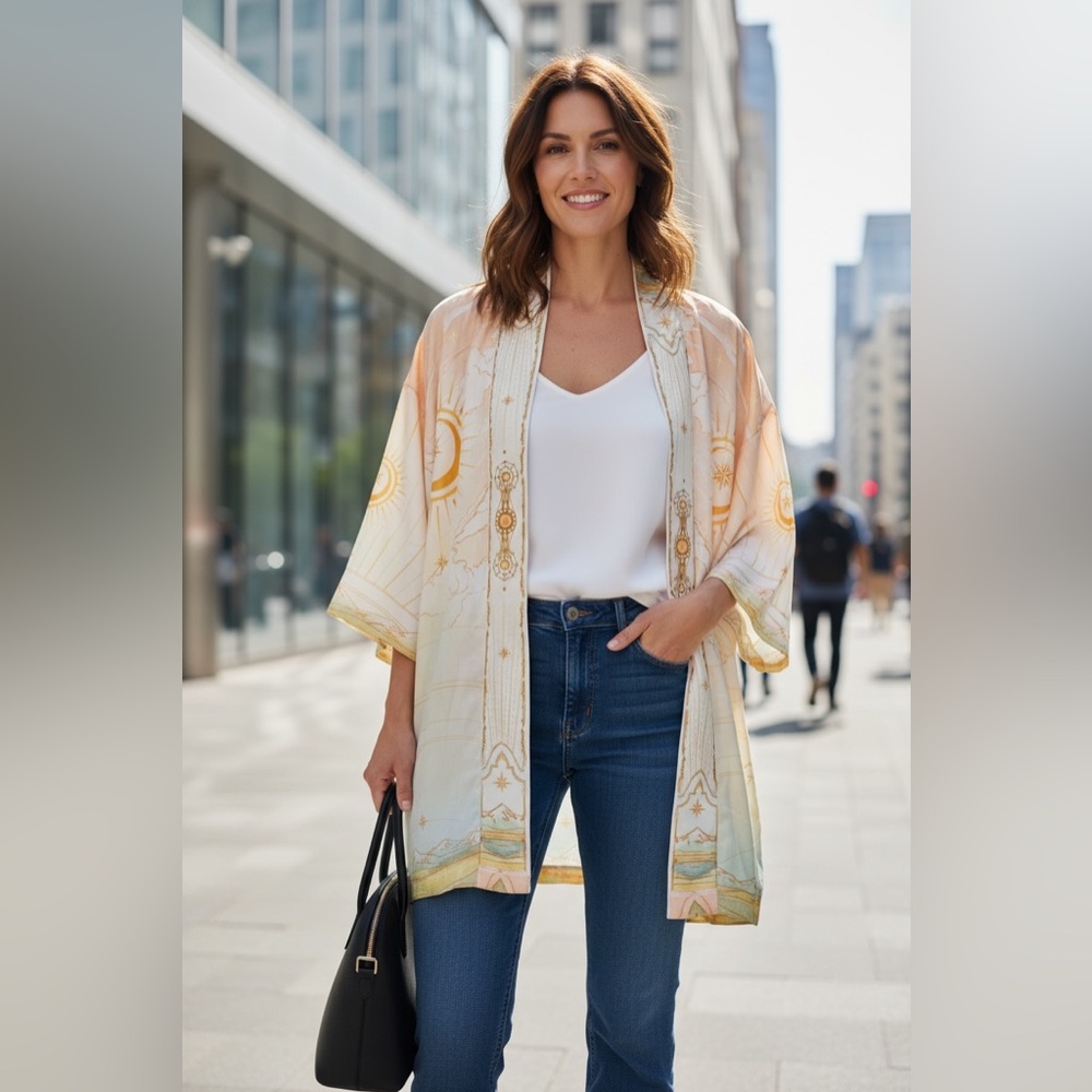 Lady’s Beige, yellow and Green Kimono Jacket